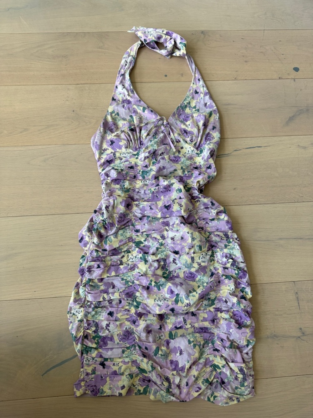 NanaMacs Lavender Floral Halter Ruched Mini Dress
